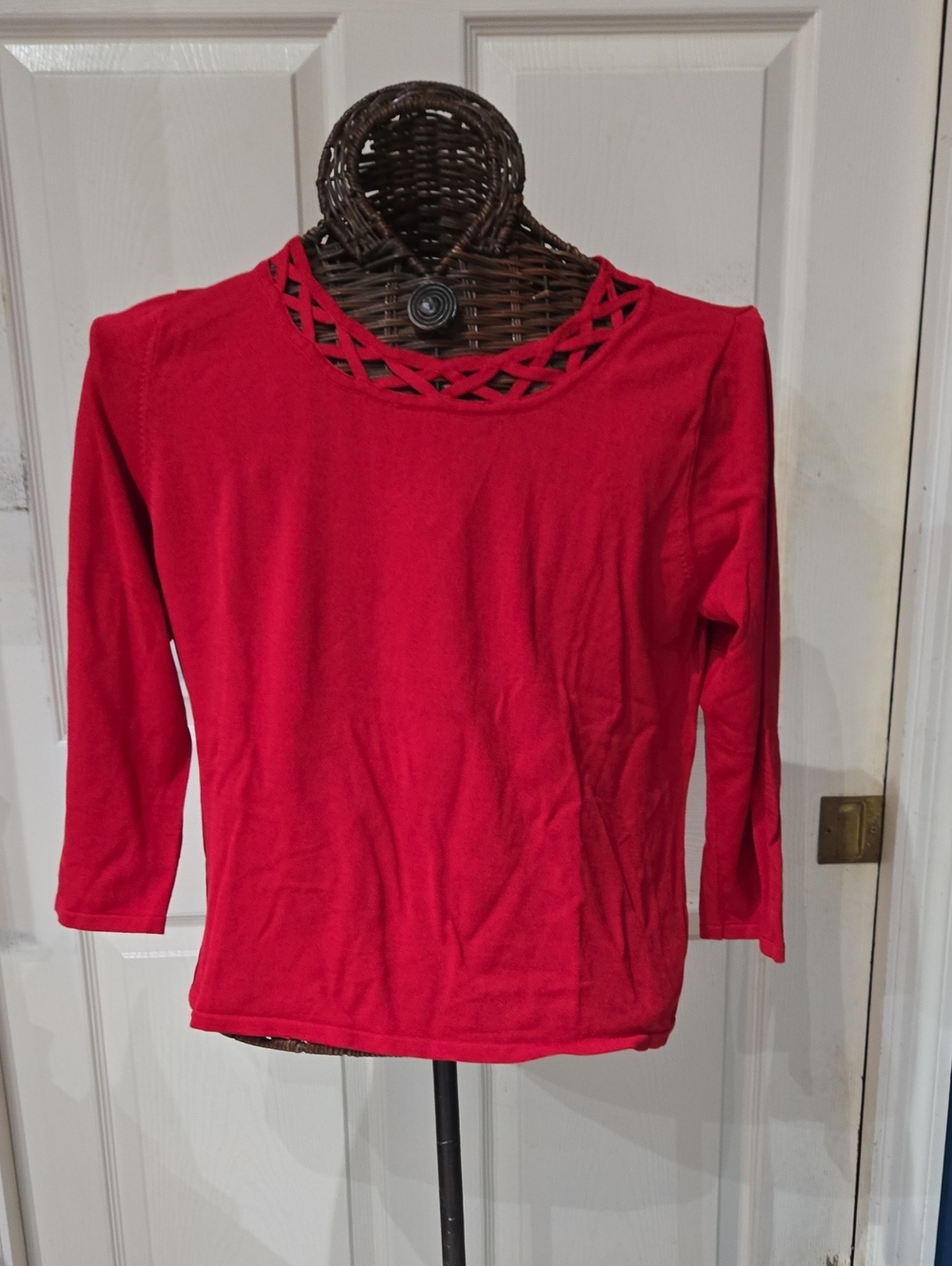 Pink Poidle Women's Red Lattice-Neck Long Sleeve Tee